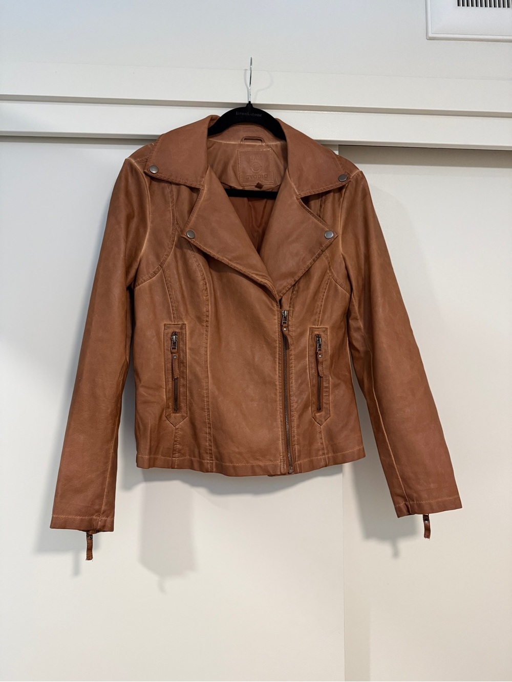 Max Studio Camel Brown Leather Moto Jacket